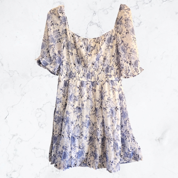 New Francesca's Wenona Blue & White Floral Chiffon Puff Sleeve Dress sz L - Picture 5 of 8